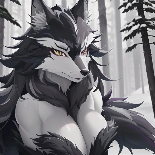 Prompt: sleek wolf in a natural forest setting, Snow white and dark grey fur, Deep purple eye color, detailed fur with natural reflections, intense and focused gaze, forest background with natural lighting, highres, detailed fur, intense gaze, natural lighting, wildlife, detailed eyes, sleek design, professional, atmospheric lighting