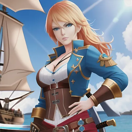 Prompt: Fit female with strawberry blond hair and watery blue tips, bright blue eyes, sword on her hip, pirate fashion, ship background, natural lighting, high quality, pirate fantasy, detailed hair, intense gaze, sword detail, pirate attire, realistic ship, natural lighting