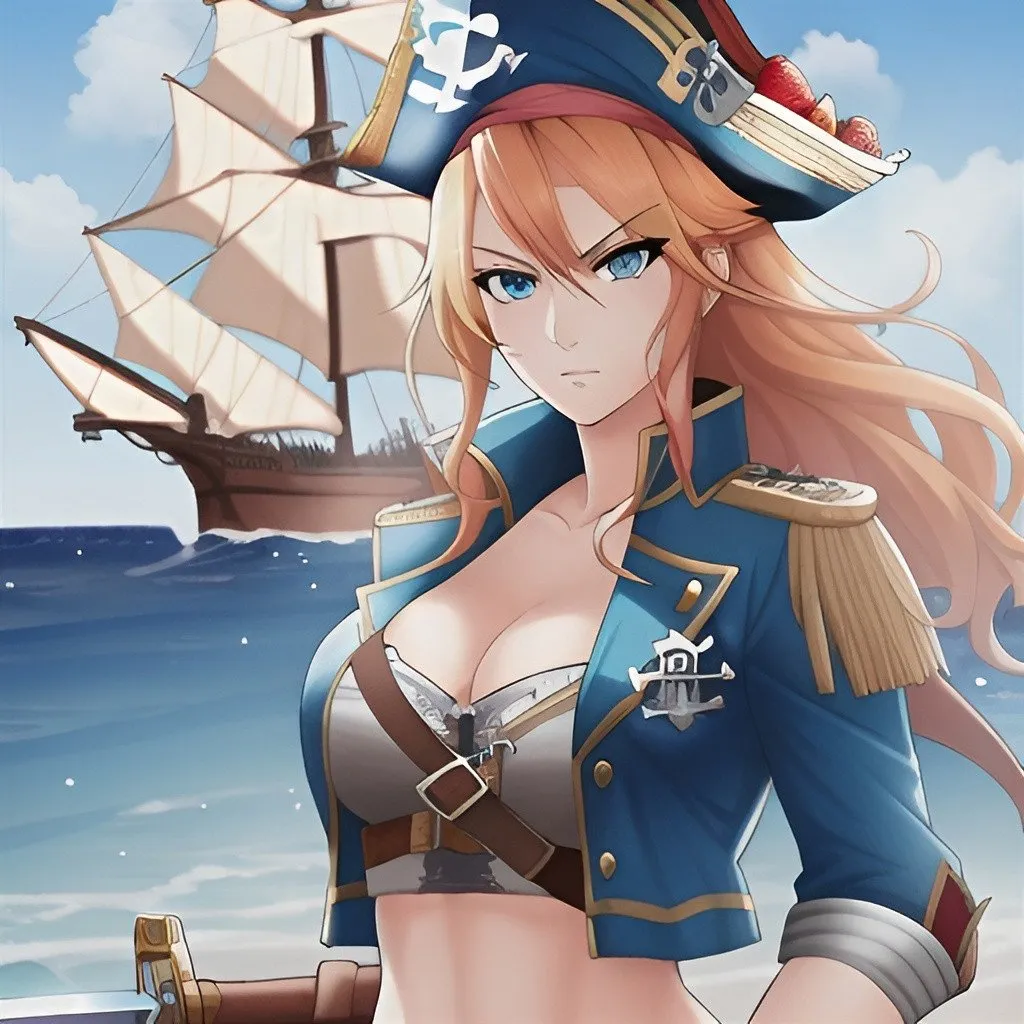 Prompt: Fit female with strawberry blond hair and watery blue tips, bright blue eyes, sword on her hip, pirate fashion, ship background, natural lighting, high quality, pirate fantasy, detailed hair, intense gaze, sword detail, pirate attire, realistic ship, natural lighting