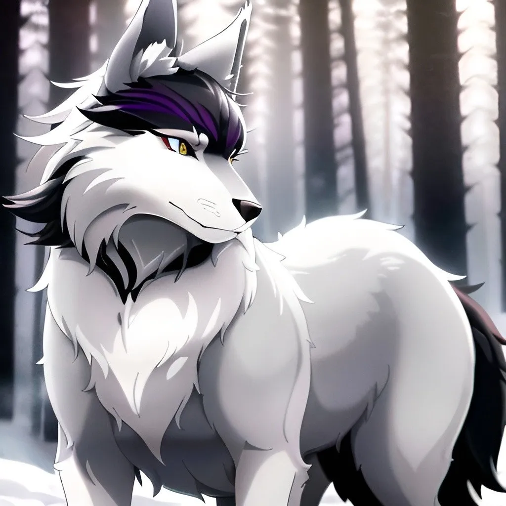 Prompt: sleek wolf in a natural forest setting, Snow white fur, Deep purple eye color, detailed fur with natural reflections, intense and focused gaze, forest background with natural lighting, highres, detailed fur, intense gaze, natural lighting, wildlife, detailed eyes, sleek design, professional, atmospheric lighting