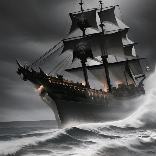 Prompt: Dark pirate ship with dragon motif, realistic, stormy seas, high resolution, realistic, detailed dragon carving, intimidating, dramatic lighting, dark and menacing atmosphere, impressive ship design, detailed waves, high quality, oil painting, dragon motif, stormy seas, realistic, dramatic lighting, menacing atmosphere, detailed carving, intimidating