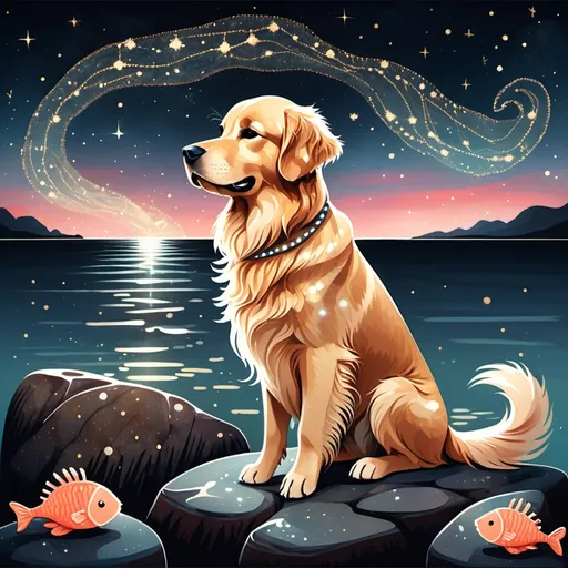 Prompt: A loyal golden retriever with the front half of a dog and the back half of a shimmering fish tail.the pup is sitting on a rocky shoreline under a constellation filled night sky wearing a small crown of coral and seaweed