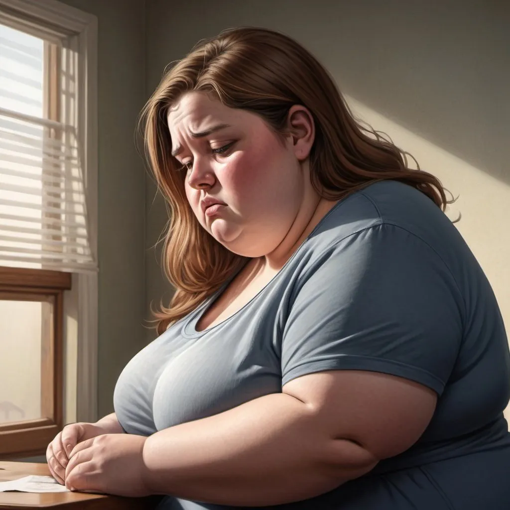 Prompt: Realistic illustration of an obese woman looking down because of guilt, detailed characters, emotional storytelling, high quality, realistic, detailed shading, emotional, social issues, obesity, realistic lighting, naturalistic style, emotional expressions