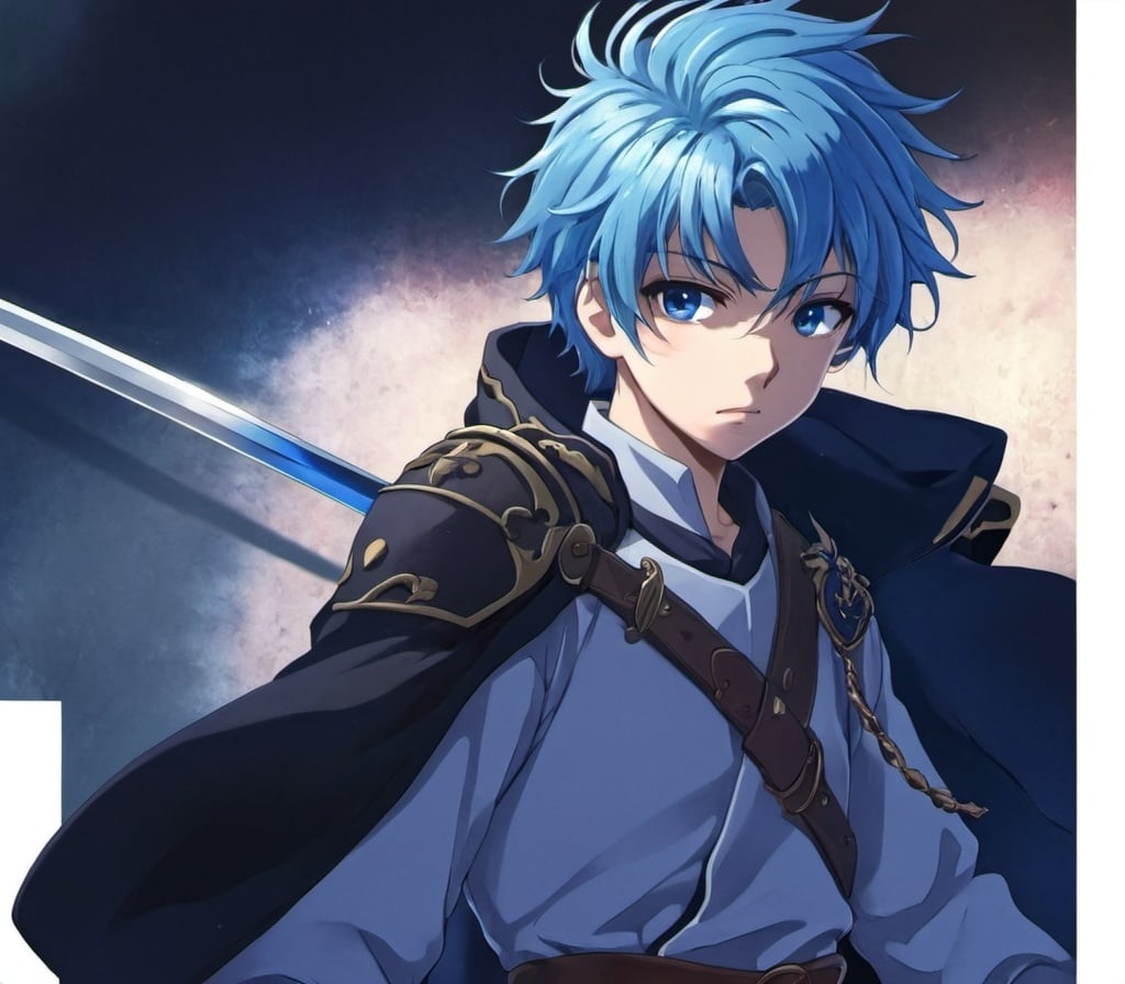 Prompt: Anime,boy,blue hair,sword in hand