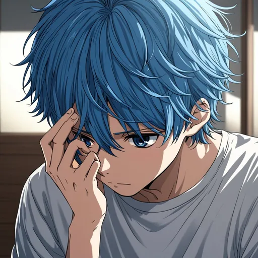 Prompt: anime, boy , detailed, blue  hair, shy, very detailed