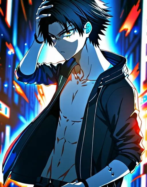 Prompt: Anime illustration of a detailed boy with black hair and hints of blue, ultra-detailed, intense gaze, cool-toned, anime, detailed hair, highres, professional