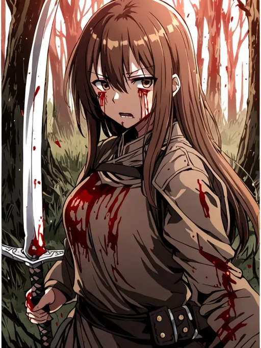 Prompt: Anime,girl,brown hair,bleeding,two swords,in battlefeild