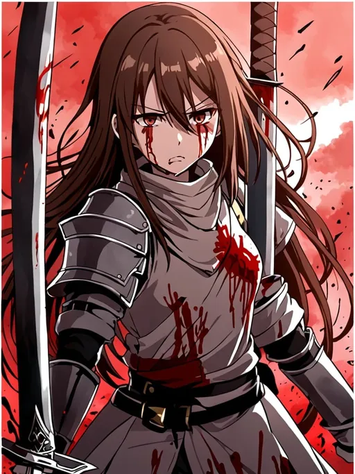 Prompt: Anime,girl,brown hair,bleeding,two swords,in battlefeild