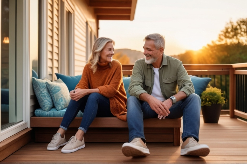 Prompt: couple in their 50s sitting on a new modern deck, (happy expressions), wearing casual fall outfit with shoes, evening ambiance with warm sunset casting soft shadows, (vivid color palette) featuring lush greens and bright blues, 4K ultra-detailed, full-body shot, mimicking a photorealistic capture from a mobile phone, inviting and cheerful atmosphere, emphasizing connection and joy, crisp detail in surrounding deck furniture and decor.