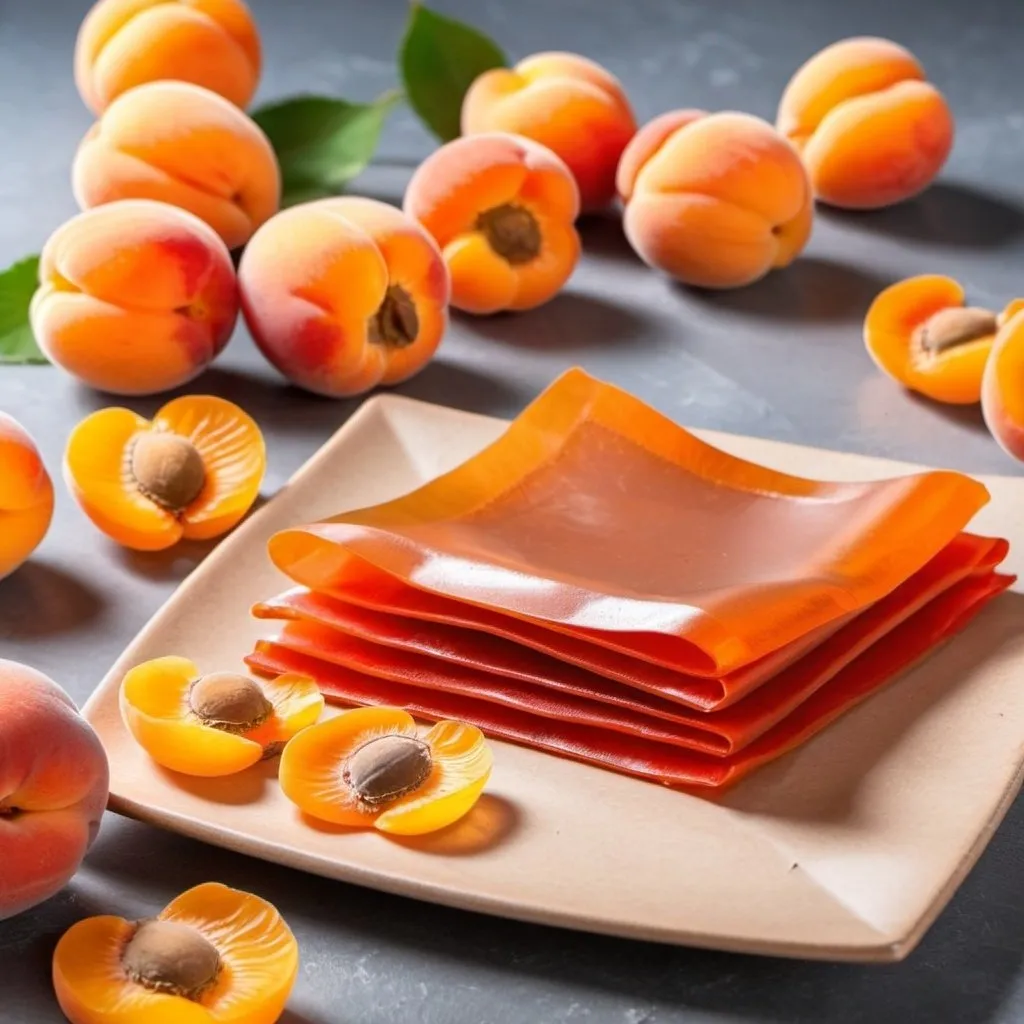 Prompt: Apricot Fruit leather and a dish full of beautiful apricots for The product image of the site is tempting