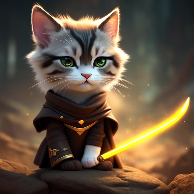 Prompt: chibi jedi cat, dessert environment, dramatic lighting, enlightened, fantasy, detailed eyes, sleek design, cool tones, sci-fi fashion, atmospheric lighting, Deviant Art