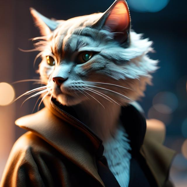 Prompt: Highly detailed, star wars cat person, full body, detailed clothes, highres, dirty, dessert, detailed fur, long tail, cool-toned lighting, professional, detailed eyes, sleek design, cool tones, sci-fi fashion, atmospheric lighting