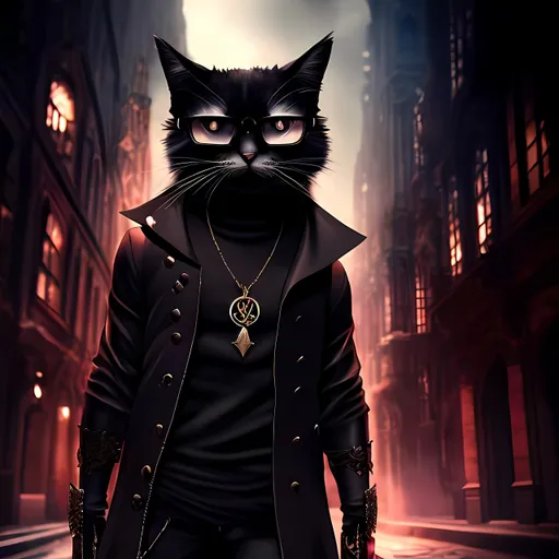 Prompt: Full body cat with glasses, gothic, highly detailed, atmospheric, anime, intense gaze, dark shadows, gothic architecture, moody lighting, detailed clothes, professional, highres, anime style, red and black tones, dramatic lighting