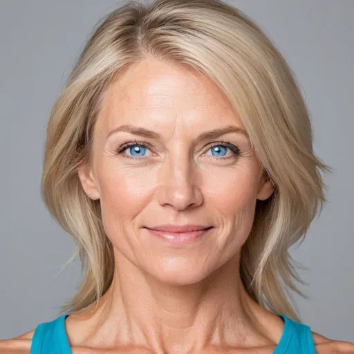 Prompt: Generate fit woman in 40 with blonde hair and blue eyes