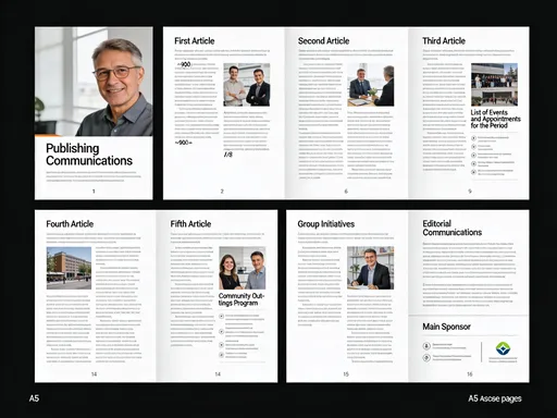 Prompt: A5 format, 16 pages. 
Front cover 
Pages 2 and 3: first article 
Pages 4 and 5: second article 
Pages 6 and 7: third article 
Pages 8 and 9: list of events and appointments for the period 
Pages 10 and 11: fourth article 
Pages 12 and 13: fifth article 
page 14 community outings program 
page 15 group initiatives 
page 16 top section for editorial communications, bottom section for the “main sponsor” 
each page contains approximately 900 characters 
Each page has an image that occupies approximately one-eighth of the space

Translated with DeepL.com (free version)