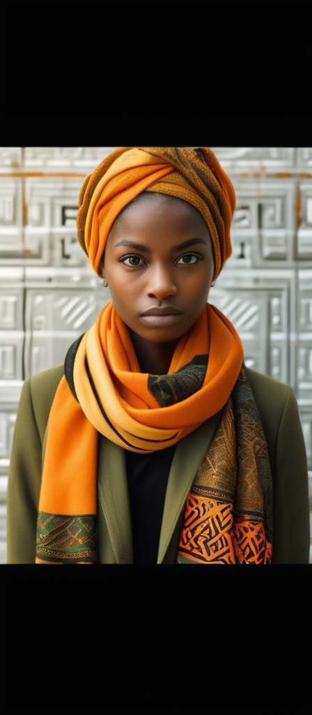 Prompt: Bathed in natural light, a young woman poses against a backdrop of textured yellow metal, exuding a sense of calm contemplation. Her attire features vibrant, intricate patterns in shades of orange, green, and black, harmonizing with a soft, golden scarf elegantly draped around her head and shoulders. With her gaze directed slightly upwards, she presents an expression of curiosity and introspection, as if lost in thought. The composition highlights her poised demeanor, framed by the flowing fabric of her outfit, while a blurred object in the foreground adds an artistic touch to the scene, enhancing the overall mood of serene elegance and cultural richness.