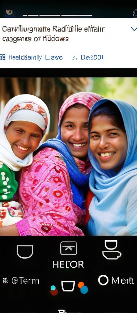 Prompt: A vibrant scene captures a close-knit group of four women, each adorned in traditional attire, radiating warmth and joy. Central to the image is a mother cradling an infant, whose curious gaze and delicate features draw attention. Surrounding her are three women with bright smiles, showcasing colorful headscarves that add a rich layer of cultural detail. The setting appears to be outdoors, possibly near a home, with warm lighting illuminating their expressions and the soft textures of their garments. Together, they convey a sense of familial love and celebration, illustrated by their joyful interactions and heartfelt smiles, while a caption below reflects a spirit of gratitude and blessings.