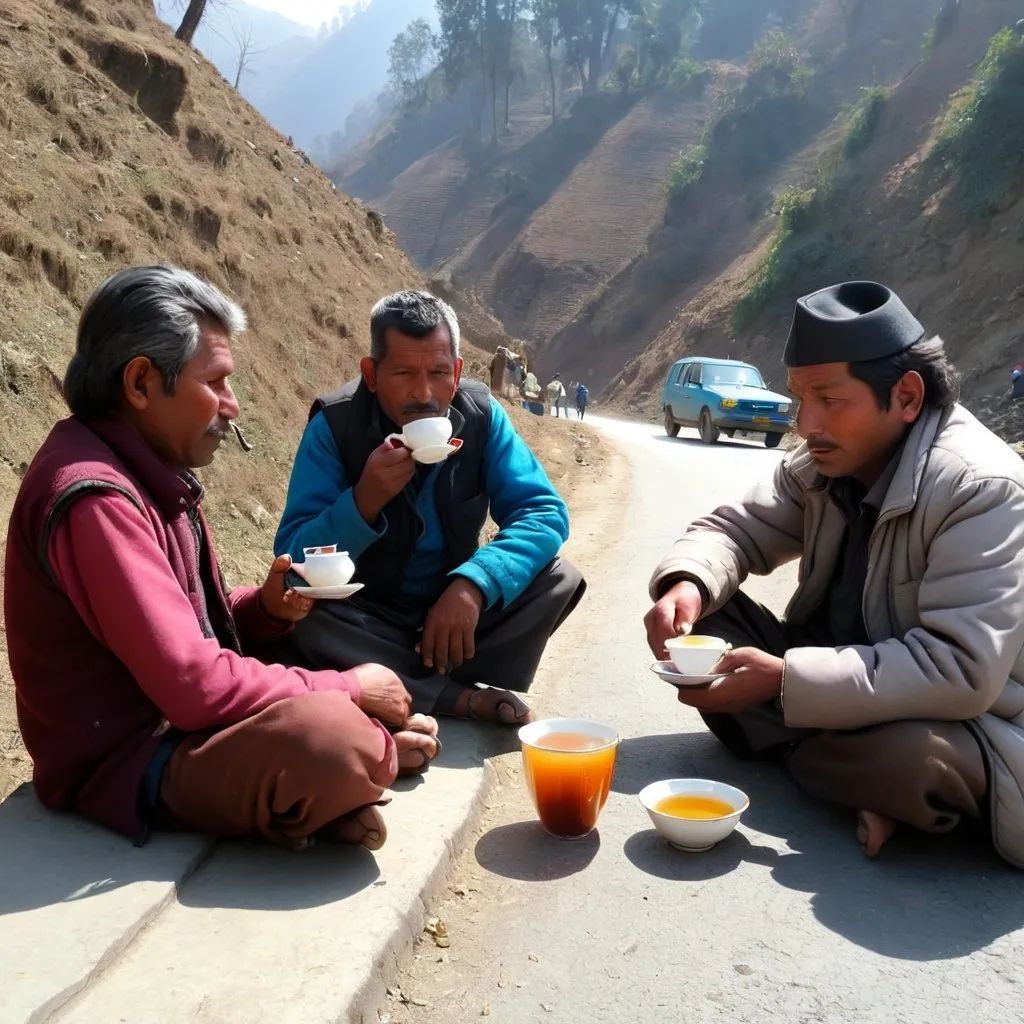 Prompt: drinking tea in roadside dhawa in nepal 