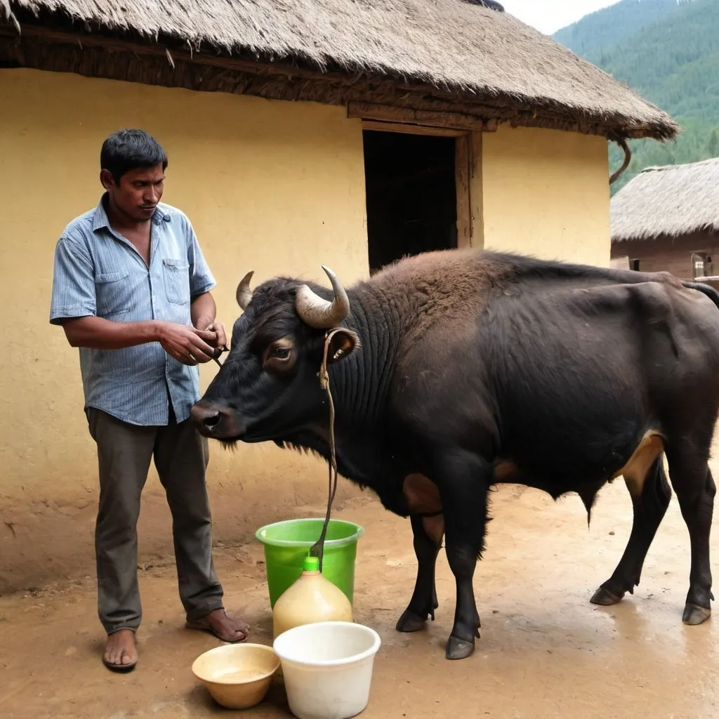 Prompt: milking buffalow in village