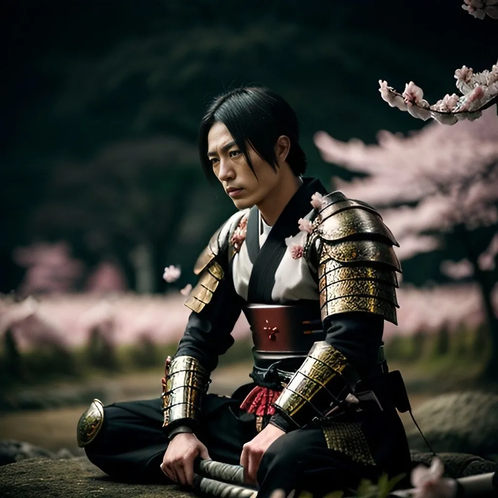 Prompt: man warrior sitting on a Japanese battlefield , surrounded by cherry blossoms, emotionally complex, high resolution, Japanese art style, moody lighting, detailed armor, katana, detailed katana, traditional Japanese, surrealism, emotionally charged, detailed, highres, moody lighting, traditional, surreal, intense emotions