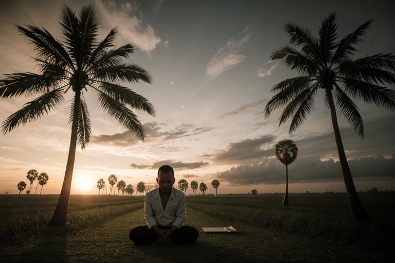 Prompt: Cambodian man praying in a field surrounded by palm trees, traditional Cambodian, photorealism, emotionally complex, emotionally charged, surrealism, moody lighting, highres, emotionally depressed, emotionally expressive, surreal, detailed clothing, intricate architecture, realistic emotions, dramatic atmosphere, traditional Kampuchea, Volumetric Lighting, Cinematic, Movie