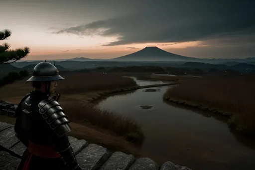 Prompt: Man ronin overlooking a Japanese battlefield, detailed armor, emotionally complex, high resolution, photorealism, traditional Japanese, emotionally charged, Japanese art style, surrealism, moody lighting, detailed, highres, traditional, surreal, emotionally intense, photorealistic