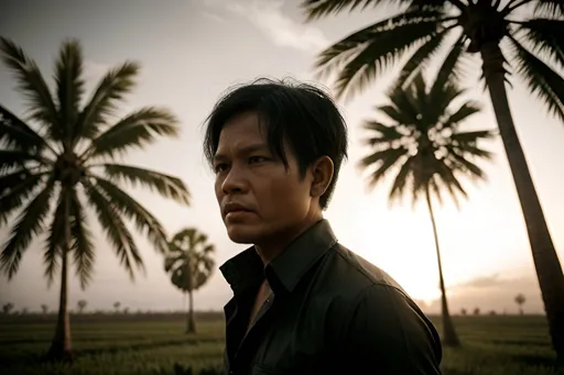 Prompt: Cambodian man overlooking a field surrounded by palm trees, traditional Cambodian, photorealism, emotionally complex, emotionally charged, surrealism, moody lighting, highres, emotionally intense, emotionally expressive, surreal, detailed clothing, intricate architecture, realistic emotions, dramatic atmosphere, traditional Kampuchea, Volumetric Lighting, Cinematic, Movie