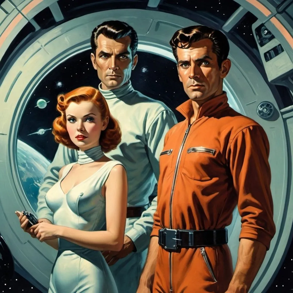 Prompt: man and woman on a spaceship, science-fiction, pulp style