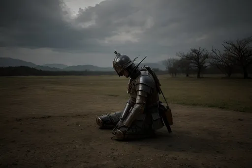 Prompt: Man space ronin praying on a Japanese battlefield, detailed armor, emotionally complex, high resolution, photorealism, traditional Japanese, emotionally charged, Japanese art style, surrealism, moody lighting, detailed, highres, traditional, surreal, emotionally intense, photorealistic