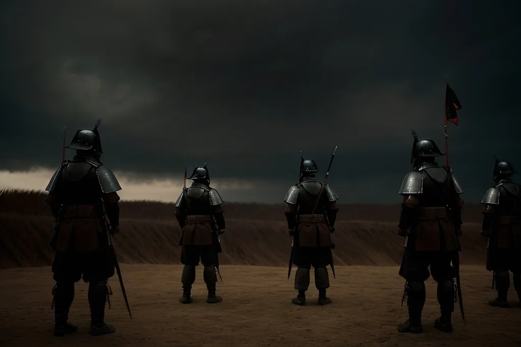 Prompt: army of Man fremen ronin overlooking a Japanese battlefield, detailed armor, emotionally complex, high resolution, photorealism, traditional Japanese, emotionally charged, Japanese art style, surrealism, moody lighting, detailed, highres, traditional, surreal, emotionally intense, photorealistic