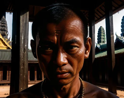 Prompt: Man Khmer looking at temple, traditional Cambodian, detailed facial features, emotionally complex, photorealism, emotionally charged, surrealism, moody lighting, highres, emotionally intense, emotionally expressive, photorealistic, detailed, surreal, realistic, rich colors, traditional, detailed facial expression