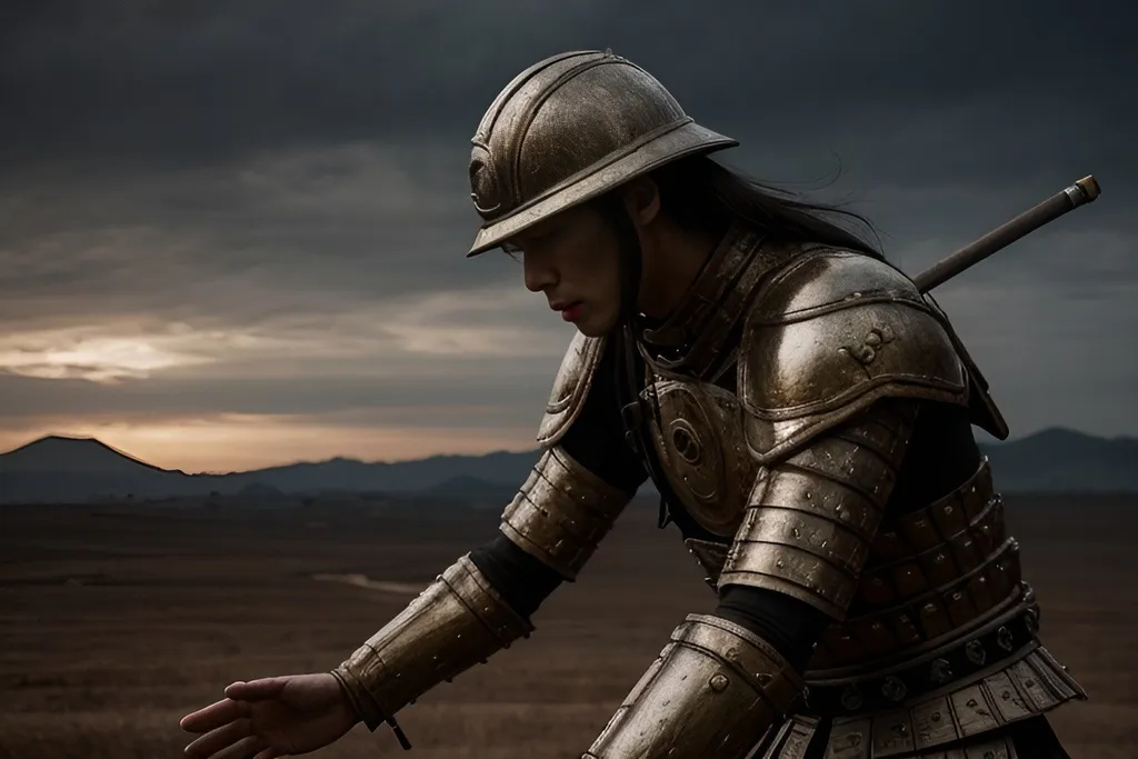 Prompt: Man warrior praying on a Japanese battlefield, detailed armor, emotionally complex, high resolution, photorealism, traditional Japanese, emotionally charged, Japanese art style, surrealism, moody lighting, detailed, highres, traditional, surreal, emotionally intense, photorealistic