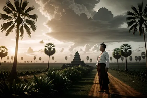 Prompt: Cambodian man overlookin a field surrounded by palm trees, traditional Cambodian, photorealism, emotionally complex, emotionally charged, surrealism, moody lighting, highres, emotionally intense, emotionally expressive, surreal, detailed clothing, intricate architecture, realistic emotions, dramatic atmosphere, traditional Kampuchea, Volumetric Lighting, Cinematic, Movie