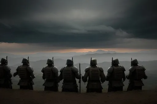 Prompt: large group of Man space ronin overlooking a Japanese battlefield, detailed armor, emotionally complex, high resolution, photorealism, traditional Japanese, emotionally charged, Japanese art style, surrealism, moody lighting, detailed, highres, traditional, surreal, emotionally intense, photorealistic