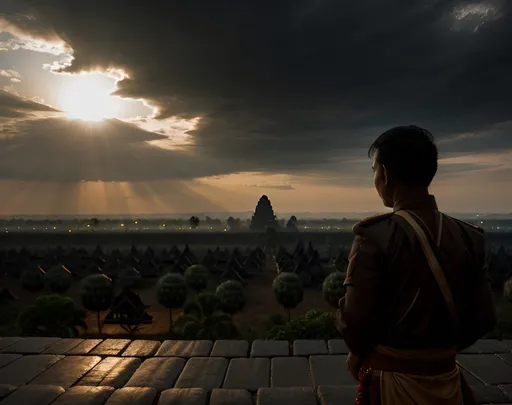 Prompt: Man Khmer overlooking a Khmer battlefield, emotionally complex, high resolution, photorealism, traditional Cambodian, emotionally charged, , surrealism, moody lighting, detailed, highres, traditional, surreal, emotionally intense, photorealistic