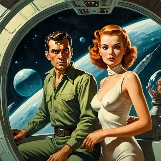 Prompt: man and woman on a spaceship, science-fiction, pulp style