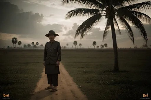 Prompt: Cambodian man overlookin a field surrounded by palm trees, traditional Cambodian, photorealism, emotionally complex, emotionally charged, surrealism, moody lighting, highres, emotionally intense, emotionally expressive, surreal, detailed clothing, intricate architecture, realistic emotions, dramatic atmosphere, traditional Kampuchea, Volumetric Lighting, Cinematic, Movie