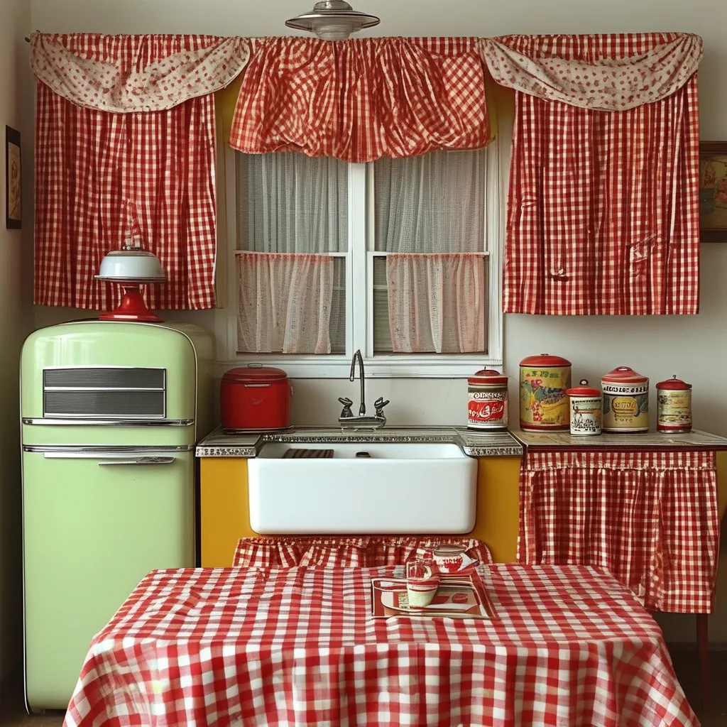 Prompt: Vintage kitchen 1960's kitche appliances, fridge, basin sink, stove, checkered table cloth and curtains, with vintage cereal, jam, canned food as such