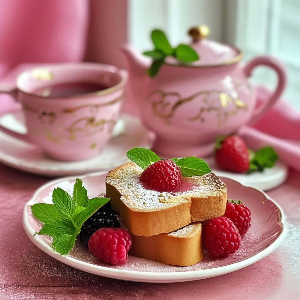 Prompt: Photography, product design, unique and creative pink bread toaster, cursive text "Puteri", on table with cup of jasmine teas, scones, strawberries compote and cream fresh with fresh strawberries, blackberries, mint