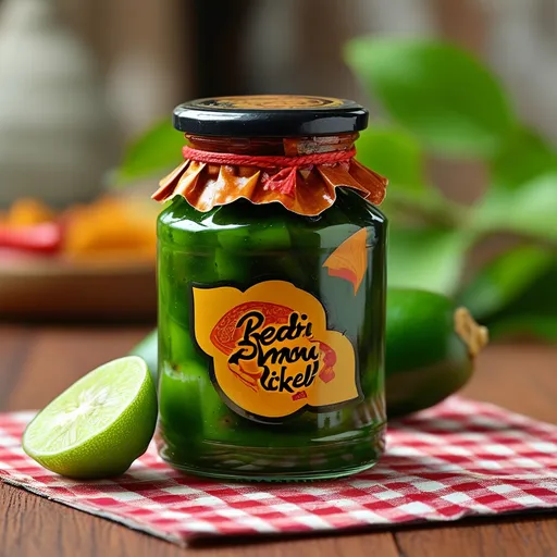 Prompt: Food product, green mango and lemon pickle in unique bottle, bold cursive text " Puteri Pickle", with half-cut mango on table with red wihite checkered table mat