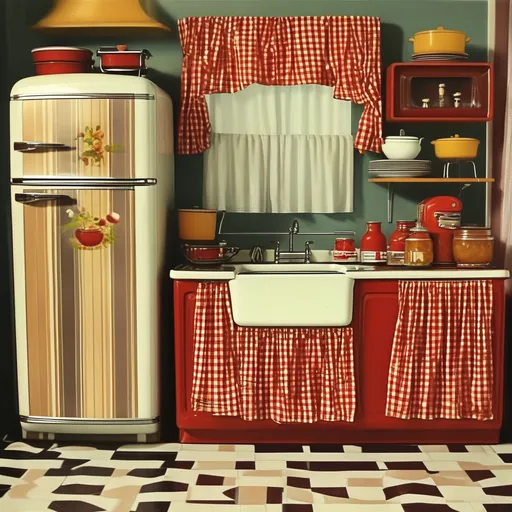 Prompt: Vintage kitchen 1960's kitche appliances, fridge, basin sink, stove, checkered table cloth and curtains, with vintage cereal, jam, canned food as such