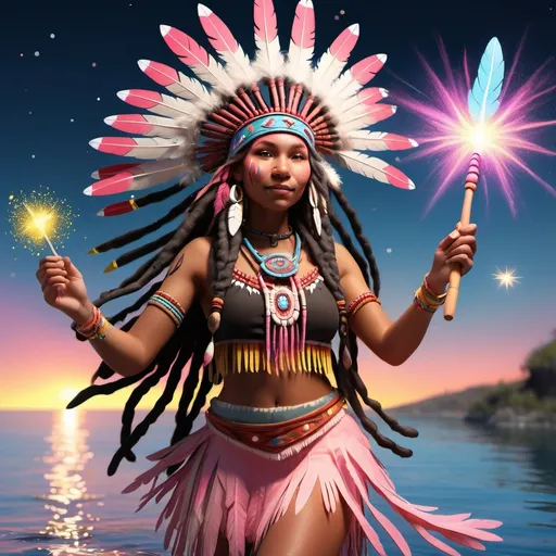 Prompt: Animated 
Adult Black American Indian with native american headdress fairy with brown skin and dreadlocks holding wand in her right hand with lot of pink and yellow sparkly fairy dust pouring from wand while she flies over the ocean. She wears a Native American dress with red  blue and white fringes
