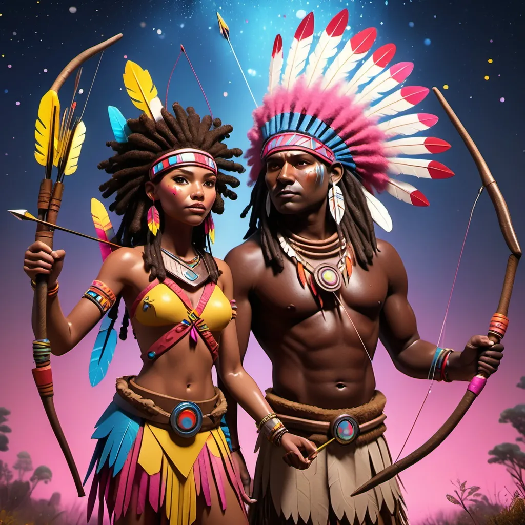 Prompt: Animated 
Adult dark skinned Afro American couple, with native american headdresses, dark brown skin and dreadlocks, holding a bow and arrow with a lot of pink and yellow sparkly fairy dust pouring from the arrow as they hunt with a colonizer in sight. She wears a Native American dress with red,  blue and white fringes, and wear aztec clothing.
