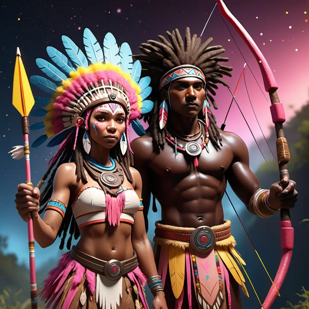 Prompt: Animated 
Adult dark skinned Afro American couple, with native american headdresses, dark brown skin and dreadlocks, holding a bow and arrow with a lot of pink and yellow sparkly fairy dust pouring from the arrow as they hunt with a colonizer in sight. She wears a Native American dress with red,  blue and white fringes, and wear aztec clothing.
