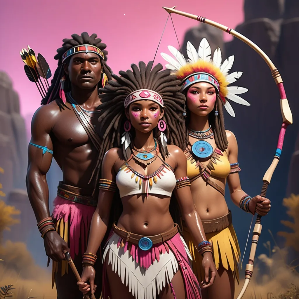Prompt: Animated 
Adult dark skinned Afro American couple, with native american headdresses, dark brown skin and dreadlocks, holding a bow and arrow with a lot of pink and yellow sparkly fairy dust pouring from the arrow as they hunt with a colonizer in sight. She wears a Native American dress with red,  blue and white fringes, and wear aztec clothing.

