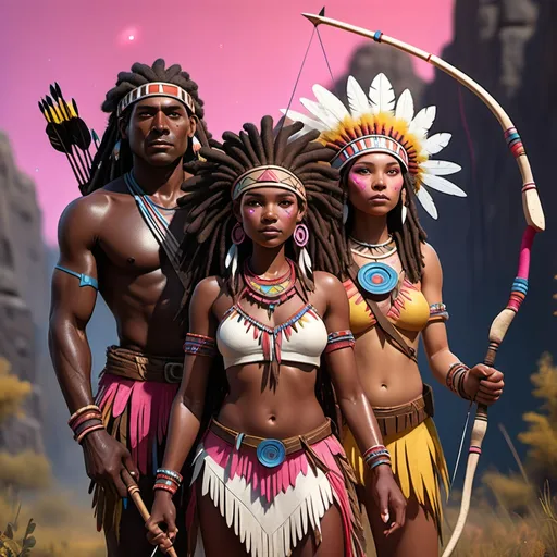 Prompt: Animated 
Adult dark skinned Afro American couple, with native american headdresses, dark brown skin and dreadlocks, holding a bow and arrow with a lot of pink and yellow sparkly fairy dust pouring from the arrow as they hunt with a colonizer in sight. She wears a Native American dress with red,  blue and white fringes, and wear aztec clothing.
