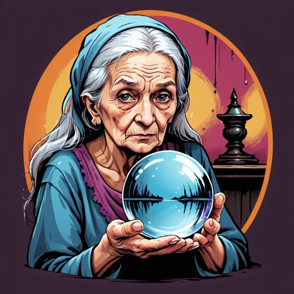 Prompt: Old woman staring into crystal ball.