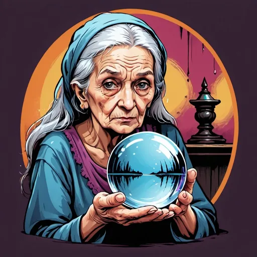 Prompt: Old woman staring into crystal ball.