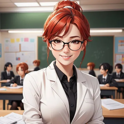 Prompt: flat 2D anime style, red hair in a messy bun, adult anime woman, wearing white button-ups and black blazer, wearing glasses, face full of freckles, teaching in front of the classroom, looking back, smiling happily, highly detailed face, highly detailed eyes, full body, whole body visible, full character visible, soft lighting, high definition, flat color 2D anime style drawing, 8K, digital art