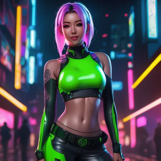 Prompt: extremely realistic, hyperdetailed, cyberpunk theme, neon green anime girl, blushing, smiling happily, wears cyberpunk clothing, toned body, showing abs midriff, full body tattoo, highly detailed face, highly detailed eyes, full body, whole body visible, full character visible, soft lighting, high definition, ultra realistic, 2D drawing, 8K, digital art
